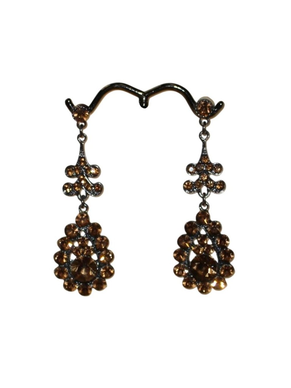 Vintage Topaz Amber Rhinestone Chandelier Dangle Earrings Gunmetal Gothic Glam